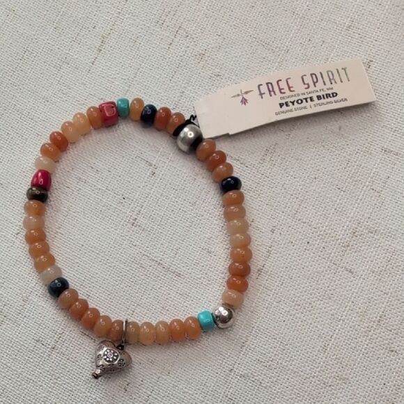 NWT Peyote Bird Multicolor Beaded Gemstone Sterling Silver Heart Charm Bracelet - Picture 2 of 6